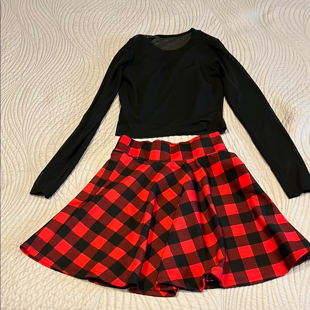 Plaid Red and Black Skirt & Black Mesh top with built in tank.